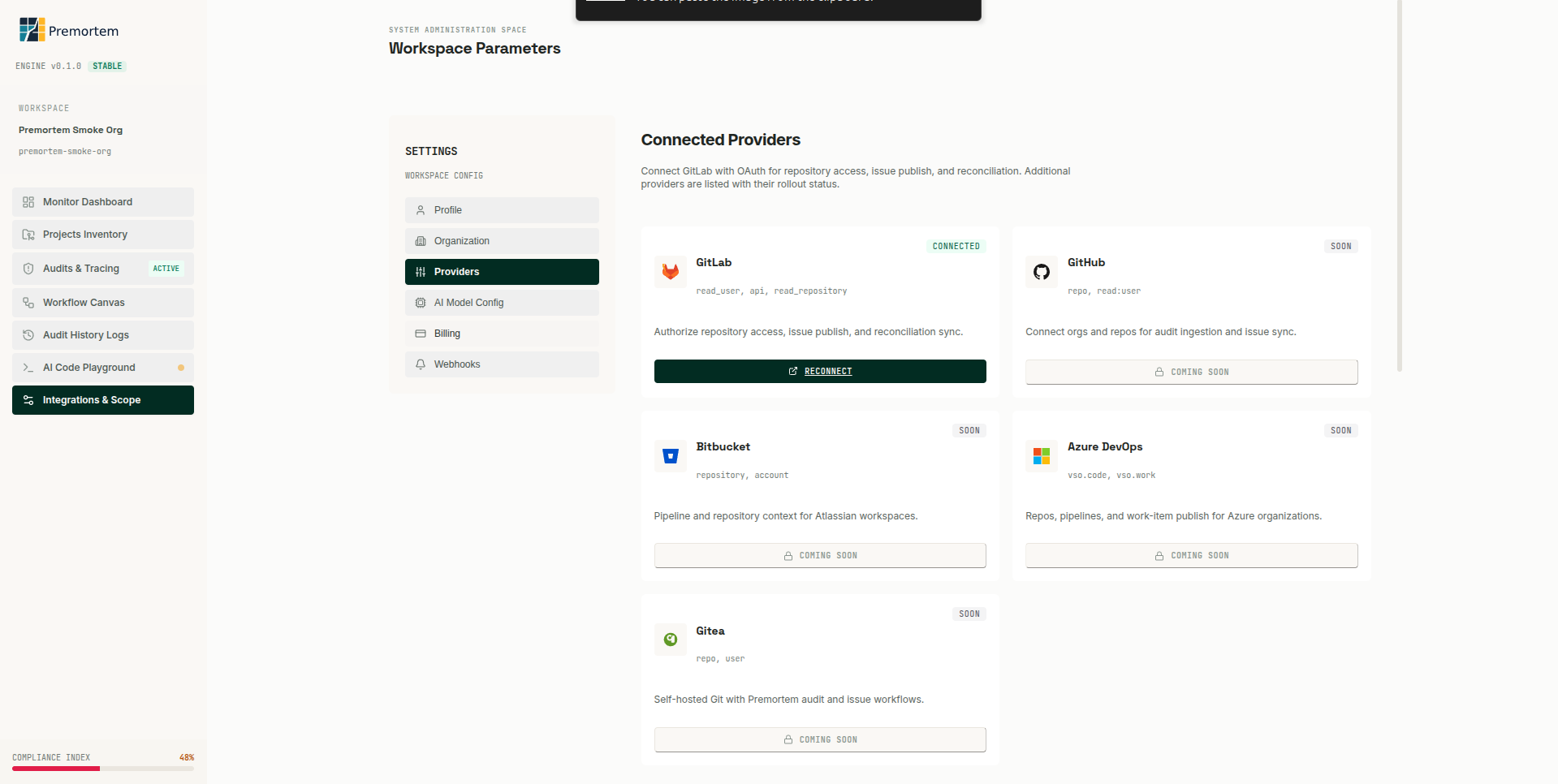 GitLab connected in Premortem Integrations settings
