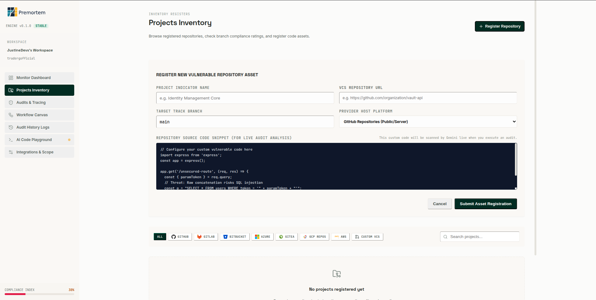 Register repository in Projects Inventory