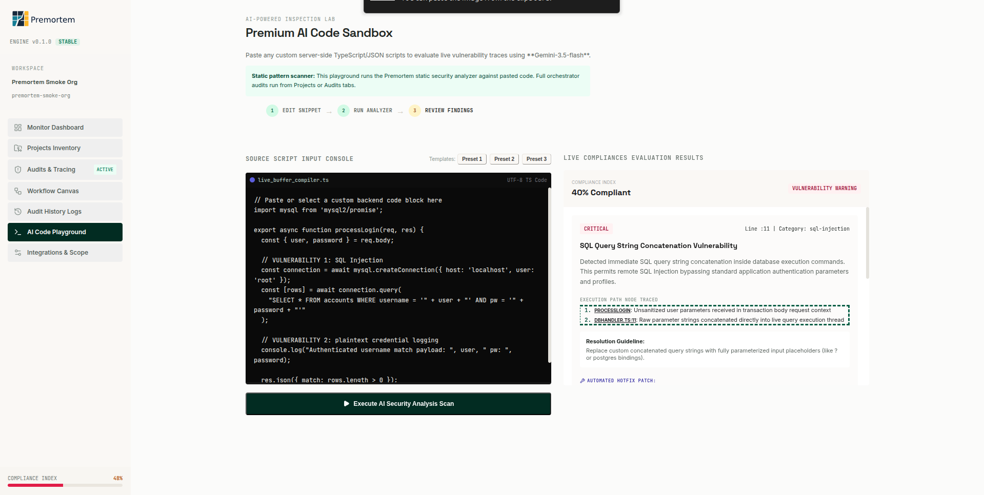 Premortem code analysis findings with SQL injection detail